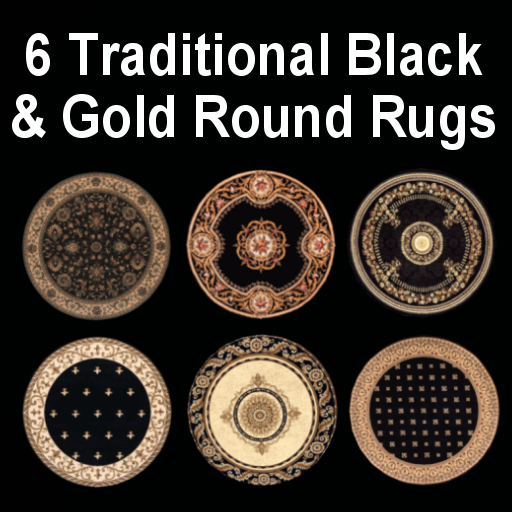 Second Life Marketplace 6 Traditional Round Black & Gold Rugs